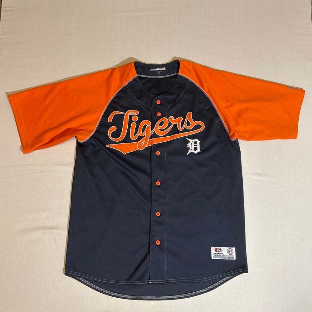 Detroit Tigers MLB Button Up Baseball Jersey Navy Blue Orange Size Large